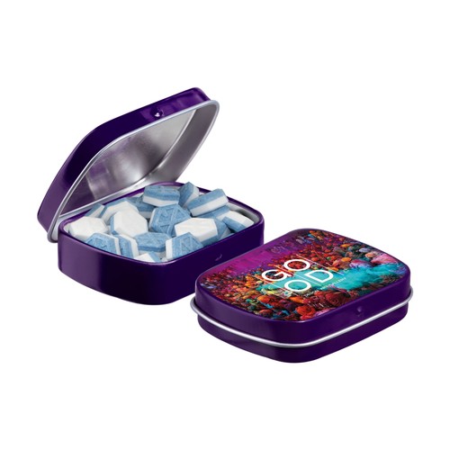 Mini scharnierblikje gevuld met snoep Mini scharnierblikje gevuld met snoep
