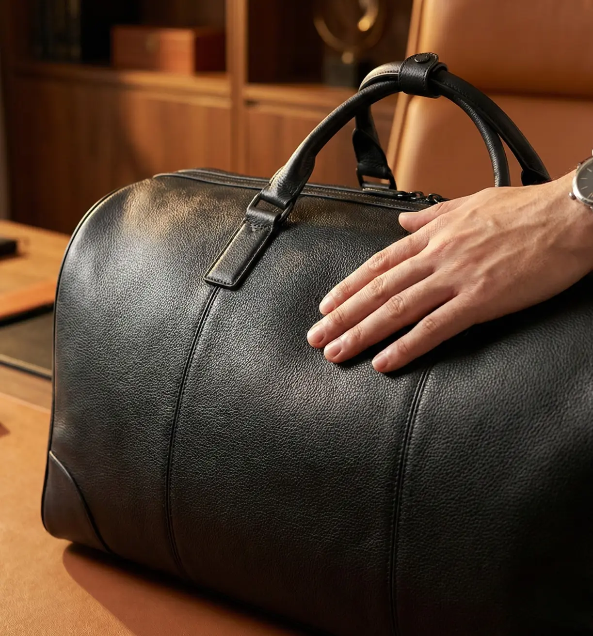 Nahaufnahme einer Hand, die über eine schwarze Reisetasche streicht und die Qualität prüft – eine feine Luxus Werbeartikel Ledertasche für VIP-Kunden.