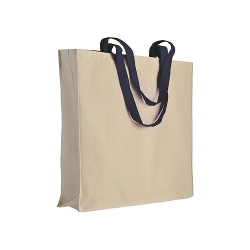 220 g/m2 natural cotton shopping bag with coloured long handles and gusset 220 g/m2 natural cotton shopping bag with coloured long handles and gusset