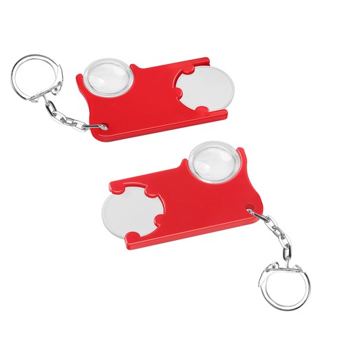 Chiphouder met winkelwagenmuntje 1€ en loep Chiphouder met winkelwagenmuntje 1€ en loep