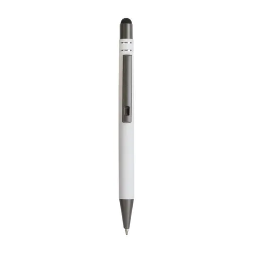 Penna a scatto in alluminio gommato con decorazione a 2 anelli e particolari bruniti con t Penna a scatto in alluminio gommato con decorazione a 2 anelli e particolari bruniti con t