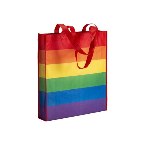 Shopper arcobaleno in r-pet 80g/m2, manici lunghi e soffietto