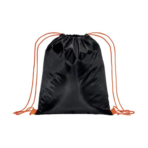 210T black polyester backpack with choke closure and colored cords