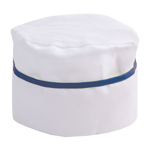 30% cotton/70% polyester white chef s hat with coloured edges. One size