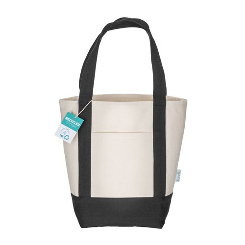 Mini borsa shopper in cotone riciclato da 340 g/m2 con manici e base colorati. GRS Mini borsa shopper in cotone riciclato da 340 g/m2 con manici e base colorati. GRS