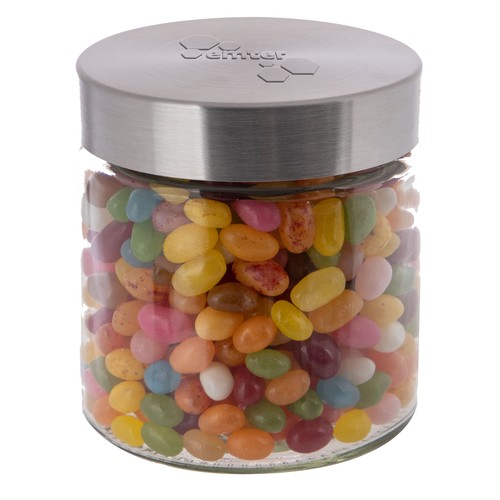 Bocal en verre de 0,9 litre avec embossage, rempli de bonbons