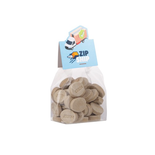 Blokzakje met kopkaartje in eigen vorm en 100 gram snoep Blokzakje met kopkaartje in eigen vorm en 100 gram snoep