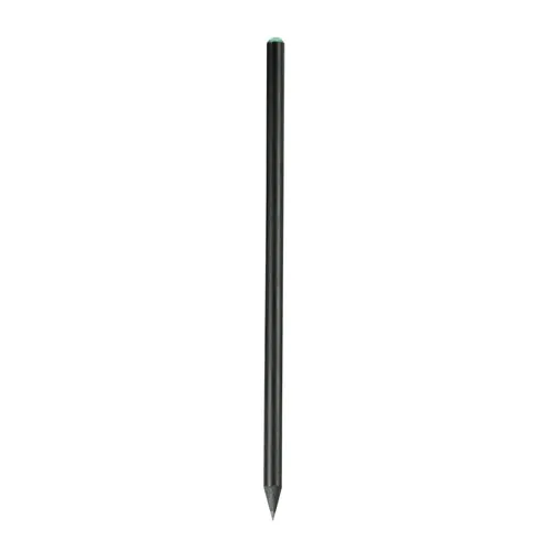 Black wooden pencil with graphite lead, black wood, cylindrical cross-section