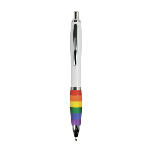 Penna a scatto in plastica ABS, con fusto bianco, impugnatura arcobaleno Penna a scatto in plastica ABS, con fusto bianco, impugnatura arcobaleno