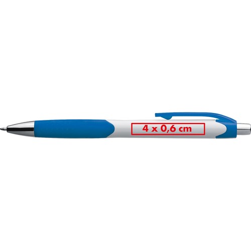 Plastic ball pen with white shaft and rubber grip zone