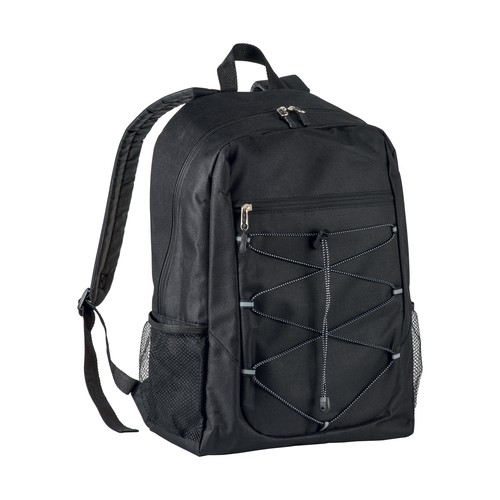 600D polyester 4-pocket backpack (two mesh side pockets). Padded straps and back