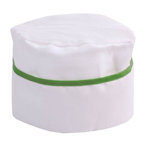 30% cotton/70% polyester white chef s hat with coloured edges. One size 30% cotton/70% polyester white chef s hat with coloured edges. One size