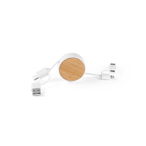 RUBINS. Câble USB rétractable 6 en 1 en ABS recyclé (100 % rABS) et bambou