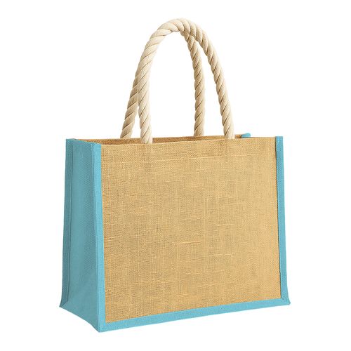 Sac en jute avec longues anses en corde et inserts colores. Avec soufflet Sac en jute avec longues anses en corde et inserts colores. Avec soufflet