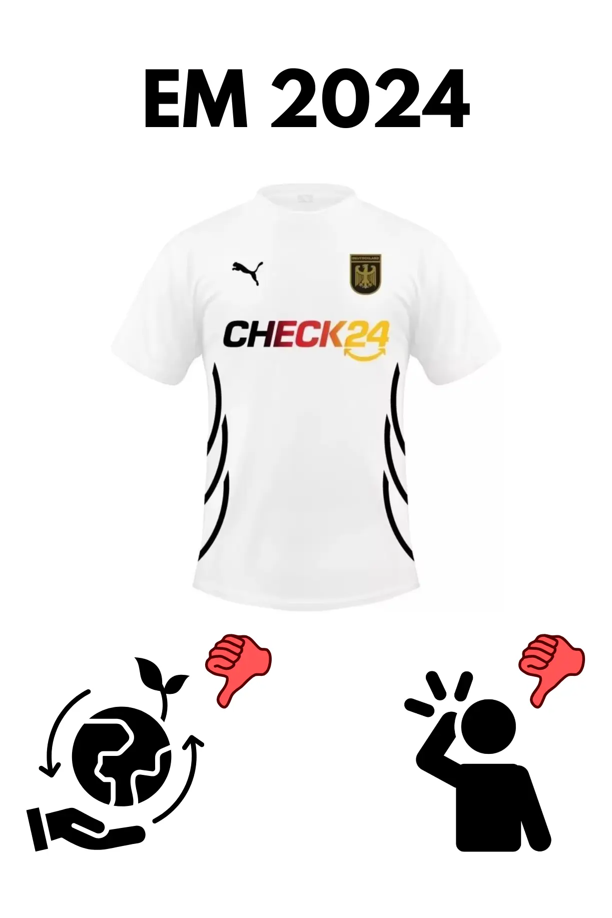 Darstellung eines weißen Puma-Trikots mit Check24-Logo zur EM 2024, begleitet von Icons, die Vor- und Nachteile visualisieren – Analyse der Check24 Trikots als Sommermarketingkampagne.