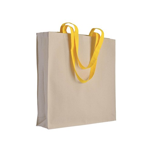 Bolsa de algodon naturel, asas largas de colores y fuelle