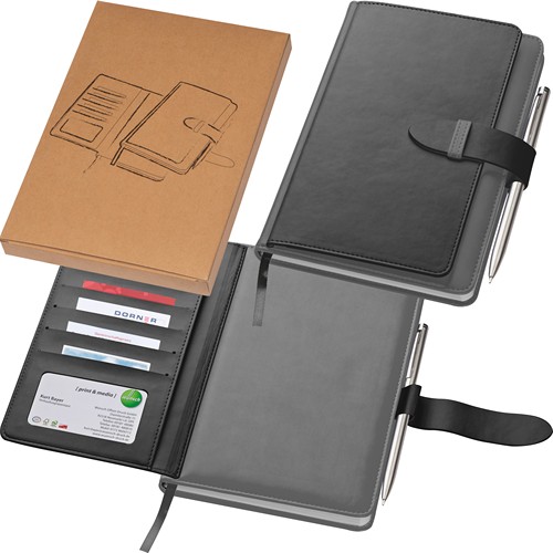 Notebook with business card compartments