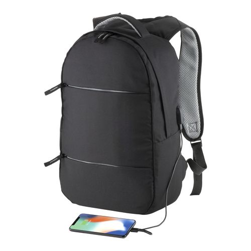 600D polyester PC backpack. Main laptop pocket and 3 front pockets. Breathable material