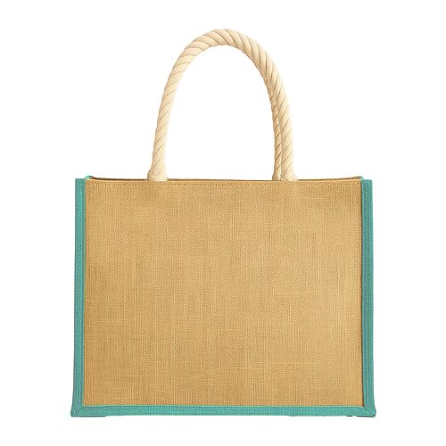Jute bag with long rope handles and coloured inserts. With gusset Jute bag with long rope handles and coloured inserts. With gusset
