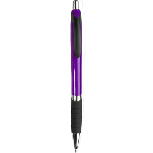 Penna a scatto in plastica, con fusto colorato, impugnatura gommata e particolari cromati Penna a scatto in plastica, con fusto colorato, impugnatura gommata e particolari cromati