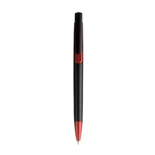 Penna a scatto in plastica con fusto nero, punta e particolare metallizzati Penna a scatto in plastica con fusto nero, punta e particolare metallizzati