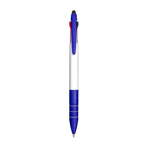 Plastic snap pen with 3 refills in blue, black and red, and touchscreen rubber tip Plastic snap pen with 3 refills in blue, black and red, and touchscreen rubber tip