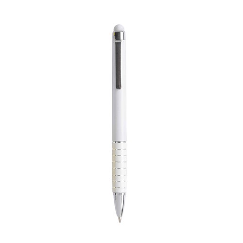 Twist pen with white plastic barrel and coloured aluminium grip, matching the touchscreen