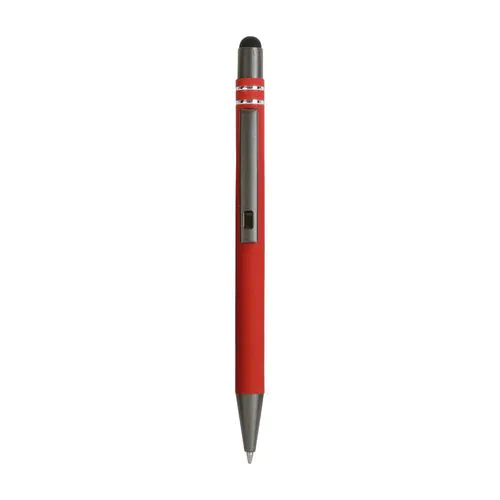 Penna a scatto in alluminio gommato con decorazione a 2 anelli e particolari bruniti con t Penna a scatto in alluminio gommato con decorazione a 2 anelli e particolari bruniti con t