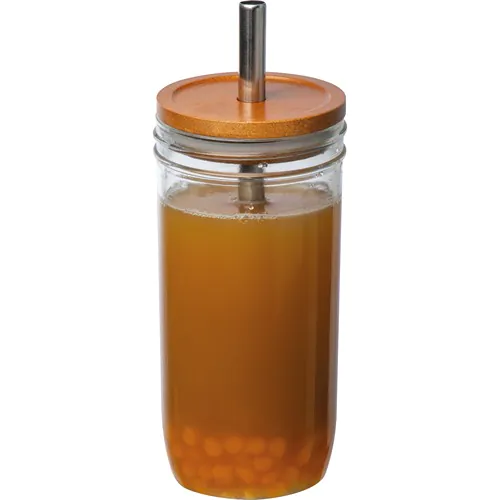 Glass mug with bamboo lid and straw Glass mug with bamboo lid and straw