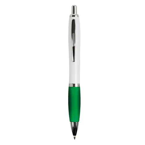 Penna a scatto in plastica ABS, con fusto bianco, impugnatura colorata gommata Penna a scatto in plastica ABS, con fusto bianco, impugnatura colorata gommata