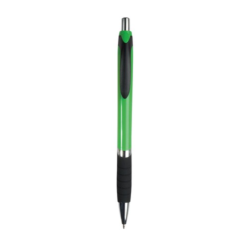 Penna a scatto in plastica, con fusto colorato, impugnatura gommata e particolari cromati Penna a scatto in plastica, con fusto colorato, impugnatura gommata e particolari cromati