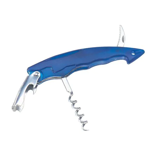 Bottle opener with corkscrew and foil cutter, transparent plastic with metal tools
