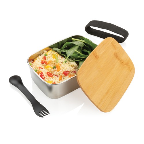 Roestvrijstalen lunchbox met bamboe deksel en spork Roestvrijstalen lunchbox met bamboe deksel en spork