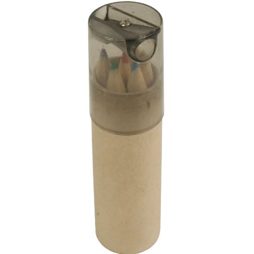 6 wooden colouring pencils with hexagonal cross-sections in a cylindrical cardboard tube