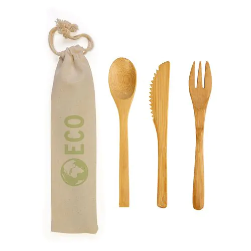 Bamboo cutlery set in cotton pouch