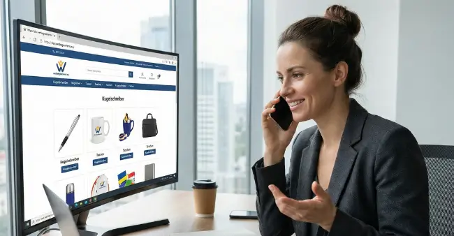 Geschäftsfrau telefoniert vor dem geöffneten Online-Shop, Symbolbild für das Stellen einer persönlichen Anfrage für Werbegeschenke und die Beratung.