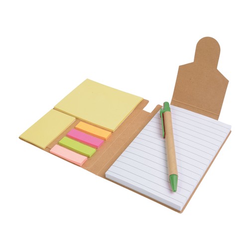 Recycled-paper notepad with cardboard pen and sticky notes