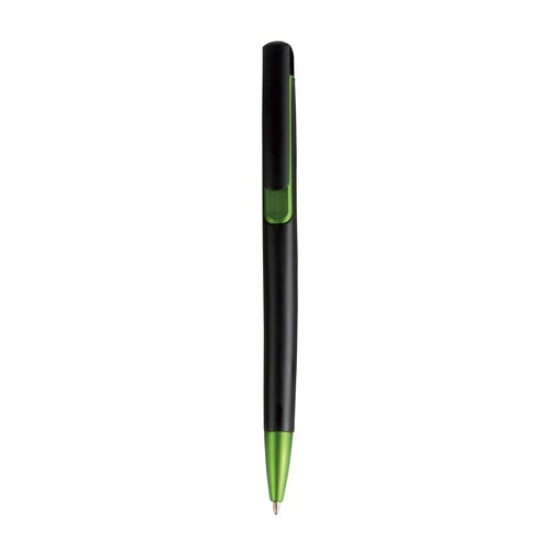 Penna a scatto in plastica con fusto nero, punta e particolare metallizzati Penna a scatto in plastica con fusto nero, punta e particolare metallizzati
