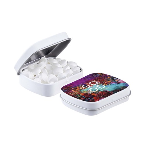 Mini hinge tin filled with peppermint Mini hinge tin filled with peppermint