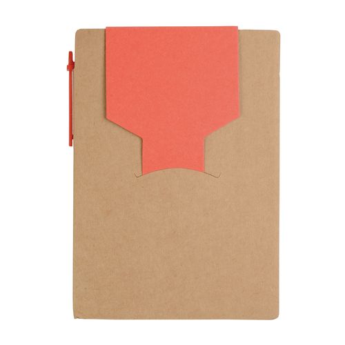 Recycled-paper notepad with cardboard pen and sticky notes