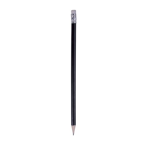 Wooden pencil with graphite lead, cylindrical cross-section and white rubber, sharpened