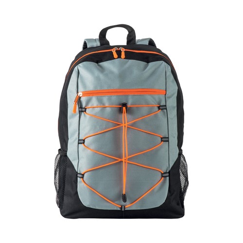 600D polyester 4-pocket backpack (two mesh side pockets). Padded straps and back