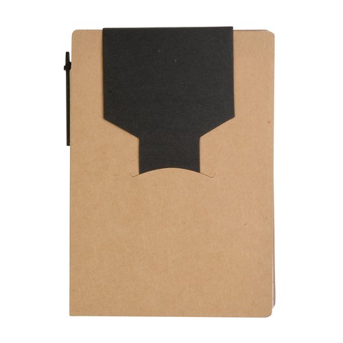 Recycled-paper notepad with cardboard pen and sticky notes