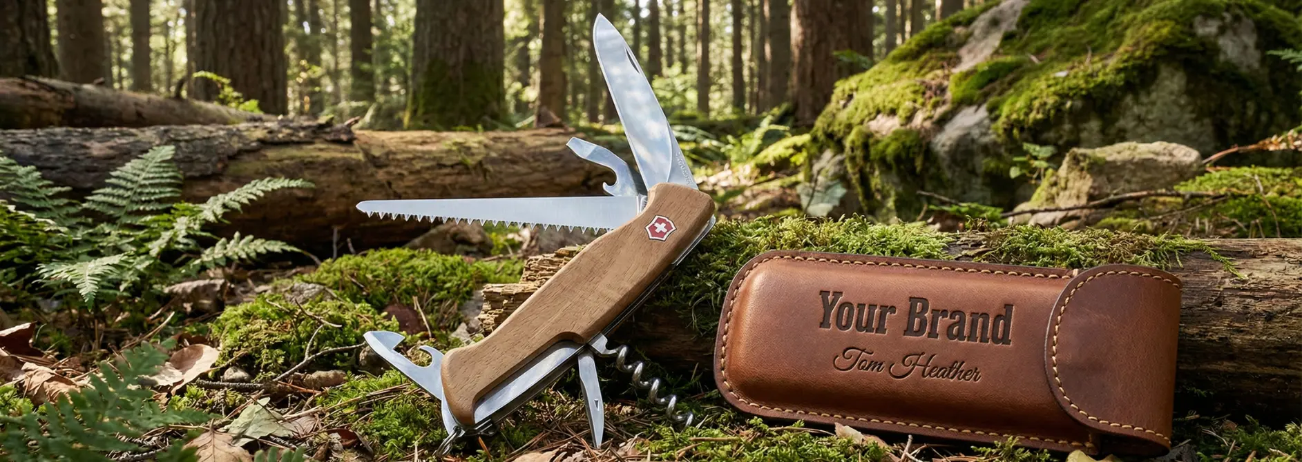 Victorinox Taschenmesser aus Nussbaumholz mit Säge und personalisiertem Leder-Etui im Wald, ein hochwertiges personalisiertes Victorinox Messer für Outdoor-Fans.