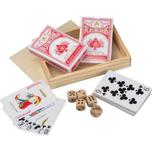 Playing cards in wooden box with dice