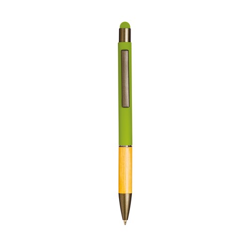 Penna a scatto in alluminio gommato con impugnatura in bambù e gommino touch Penna a scatto in alluminio gommato con impugnatura in bambù e gommino touch