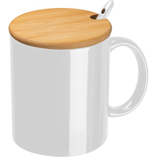 Ceramic mug with spoon and bamboo lid Ceramic mug with spoon and bamboo lid