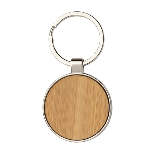 Porte-clé en métal rond, avec détail frontal en bambou Porte-clé en métal rond, avec détail frontal en bambou