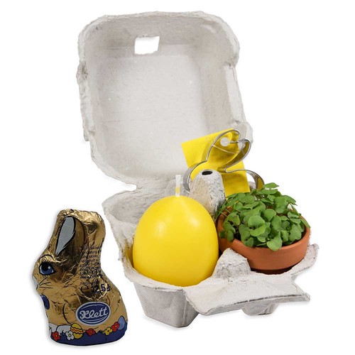 Boxed pleasure - with plant-pot, egg-candle, chocolate-bunny