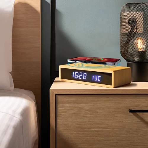 LCD TABLE ALARM CLOCK WITH WIRELESS CHARGER IN BAMBOO AND PLASTIC